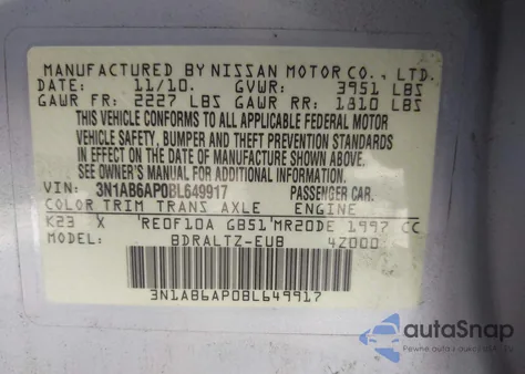 2011 Nissan Sentra 2.0Sr из США, поврежденный, VIN 3N1AB6AP0BL649917